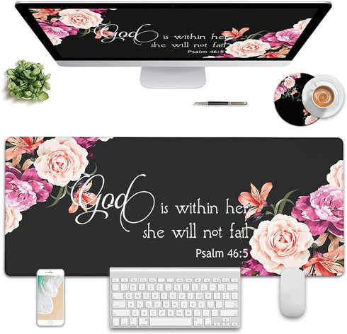 Large Gaming Mouse Pad, Long Extended Ergonomic Mousepad Desk Pad, Large Rubber Mice Pads Stitched Edges,31.5'' X 11.8'+ Cup Coaster, Peony Flower Psalm 46:5 God is Within Her,She Will Not Fall by Yuxcfhjfe