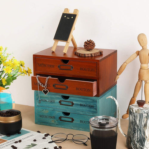 PACKGILO 2 Wooden Storage Box Rustic Desktop Organizer with Drawers Office Desk Accessories Shelf Small Craft Storage