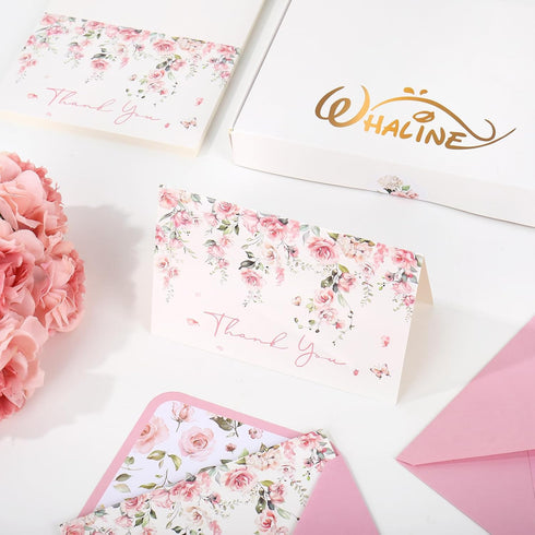 50 Pack Whaline Pink Flower Thank You Cards Floral Thank You Greeting Note Cards Boxed with Envelope Sticker