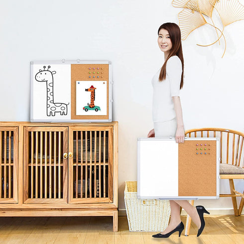Magnetic White Board and Cork Board Combo, 24 x 18 Inches, Wall Mounted Dry Erase Bulletin Board for Home, School,