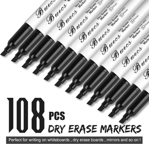Black Dry Erase Markers, Low-Odor, 108 Count, Chisel tip, Perfect for Writing on Whiteboards, Dry-Erase Boards, Glass, School Office Supplies by Buecs