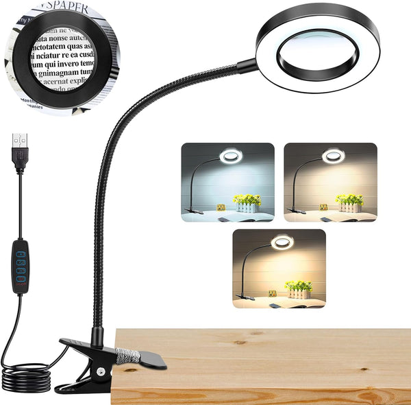 10X Magnifying Glass with Light, 48 LED Desk Magnifier with Clamp, Dimmable 3 Modes Magnifying LED Lamp for Crafts, DIY