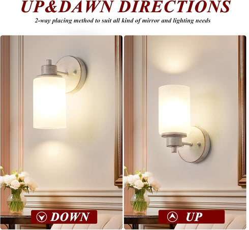 2 Pack Indoor Wall Sconces, Bath Vanity Light Fixtures Wall Mounted Lighting with White Frosted Glass Shade, White