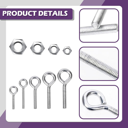 Swpeet 116Pcs 58 Set Carbon Steel Eye Bolt Screw with Nut Assortment Kit, Screw Eyes for Ornaments, Toys, Craft Gifts