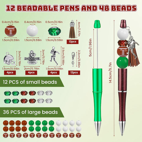 NEWEST 12 Pieces Sports Beadable Pens, Plastic Football Bead Pens, 48 Beads, 12 Tassels, 12 Pendants, DIY Making Kit