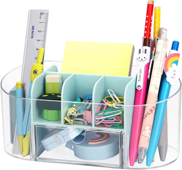 LETURE Clear Acrylic Desk Organizer with Drawer, Pen Pencil Markers Holder, Clear Office Supplies for College Dorm Home