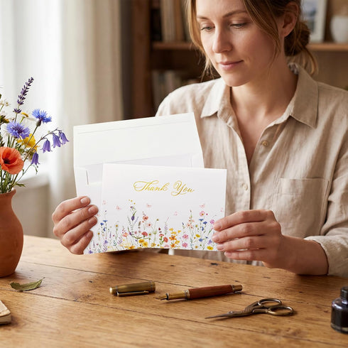50 4x6 300gsm Crisky Floral Wildflower Thank You Cards with Envelopes, Sealing Matching Stickers, Blank Cards