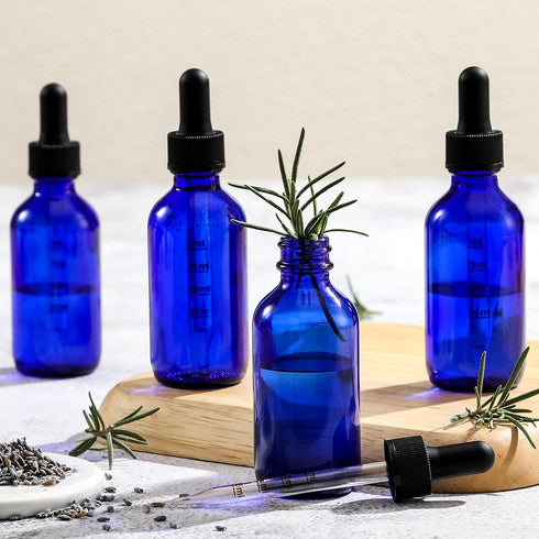 4 Pack 2 oz Dark Blue Glass Dropper Bottles with Measured Dropper - 60ml Leakproof Tincture Bottles