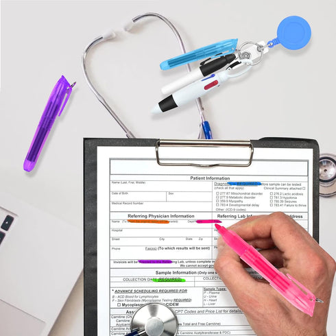 Nurse Pen Set, 6 Pieces Tip Highlighter, 6 Permanent Marker Pen, 6 Retractable Ball Pen Pack with ID Name Reels