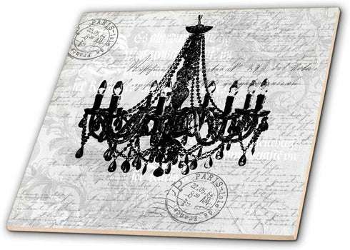 3dRose Nostalgic Chandelier Illustration in Light Grey 8 Inch Ceramic Tile