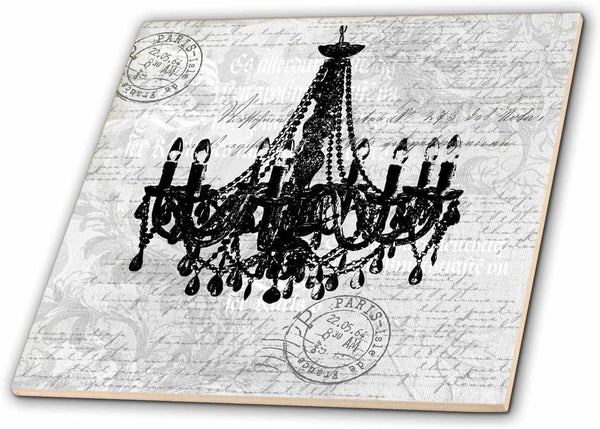 3dRose Nostalgic Chandelier Illustration in Light Grey 8 Inch Ceramic Tile