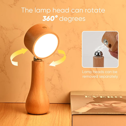 LONRISWAY 2 Pack Dimming, 360 LED Wooden Mushroom Lamp, Rechargeable Battery Operated Portable Cordless Touch Switch