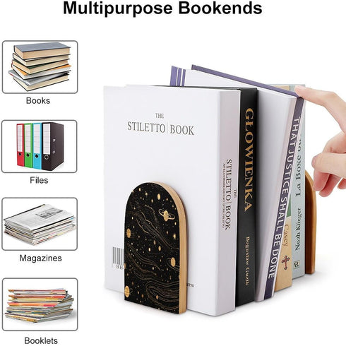 FodPand Gold and Silver Space Themed Wood Bookends Decorative Non-Slip Bookends Heavy Duty Book Ends Modern Book Ends