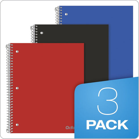 Oxford Spiral Notebooks, 1 Subject, 100 Sheets, College Ruled Paper, Durable Plastic Cover, 3 per Pack, Red, Black, Blue