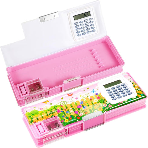 Henoyso Pencil Box with Calculator and Pencil Sharpener, Multifunction Cool School Supplies for Kids, Teens (Flower)