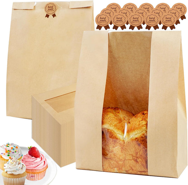 100 Pack Large 14x8.3x3.5in Bread Bags for Homemade Bread, Kraft Paper Bakery
