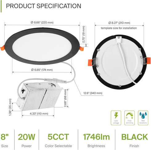 1 Pack 8 Inch 20W, 5 2700K-5000K CRI90+, Dimmable ASD LED Recessed Light CCT IC Rated Ultra Thin Ceiling Lights with J
