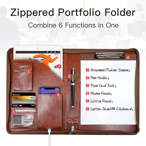 WRIYES Zip Padfolio Organizer, Leather Planner Binder, 10.2 Inch Portfolio Folder for Documents, Letter Size Business