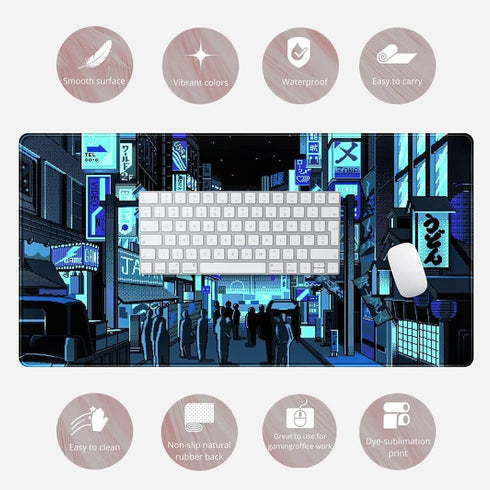 Japanese Gaming Arcade Blue Large Mouse Pad - Extended Desk Pad for Gaming Office Decor, 31.5x15.7 in