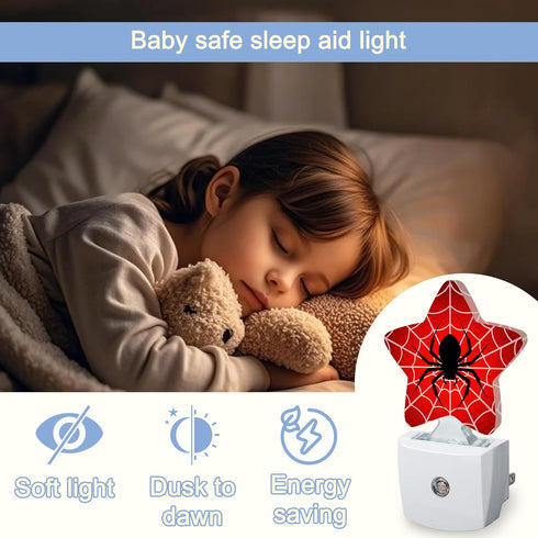Halloween Red Spider Night Lights Plug Into Wall,Spiderweb Star Night Light for Kids,Nightlight with Dusk to Dawn Smart