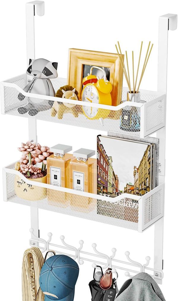SWTYMIKI Over The Door Hook with 16 Hooks & 2 Mesh Baskets