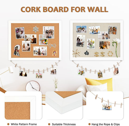 Double-Sided Large Cork Board with Linen, 24" x 18" Hanging Wood Framed Bulletin Board