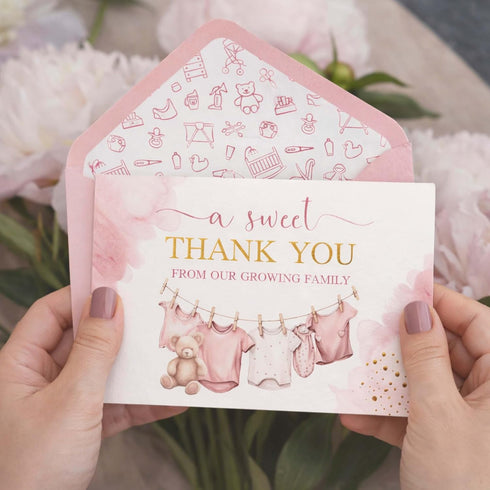 50 Pack Baby Shower Thank You Cards - Baby Girl Thank You Notes with Assorted Envelopes & Stickers - Cute Pink