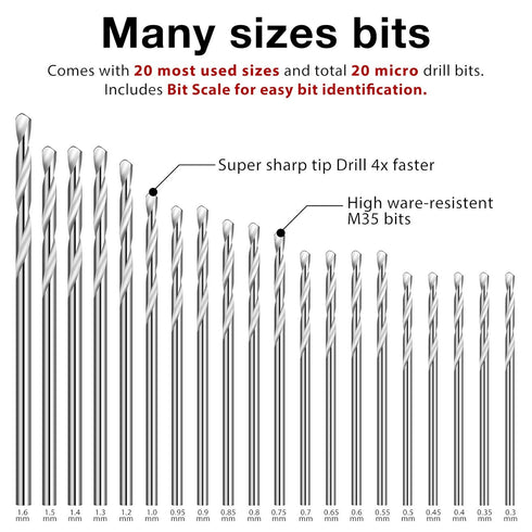 0.3-1.6 mm Micro Mini Drill Bit Set, Tiny Drill Bits for Dill, High Speed Steel, 40 Pieces