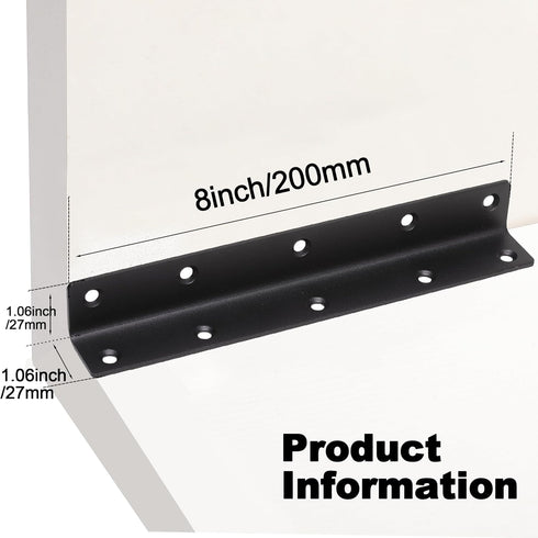 4 Pack 8" Wood,200mm L Bracket, Heavy Duty Corner Brace, Metal Shelf Bracket Angle Bracket for Shelves, Black Metal
