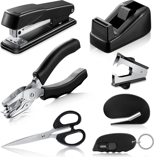 Black Desk Accessory Kit, Includes Desktop Stapler, Stapler Remover, Hole Punch, Tape Dispenser, Scissors (7 Pcs)