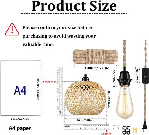 EcoGehen 15ft Boho Plug in Pendant Light Wicker Rattan Hanging Lights with Hemp Rope Cord MINI Bamboo Lampshade Wall