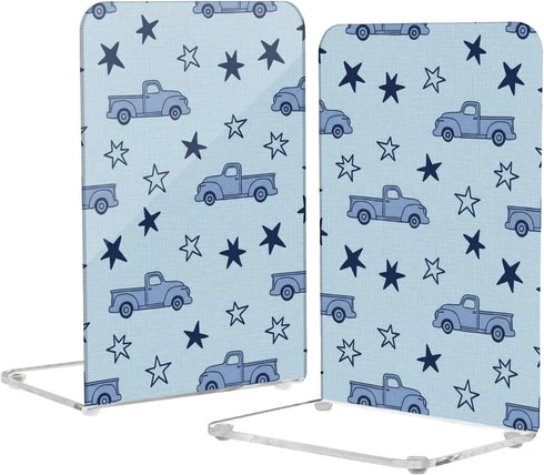 J JOYSAY Trucks Stars Blue Pattern Acrylic Bookends L Shaped Decorative Book Holders Stopper