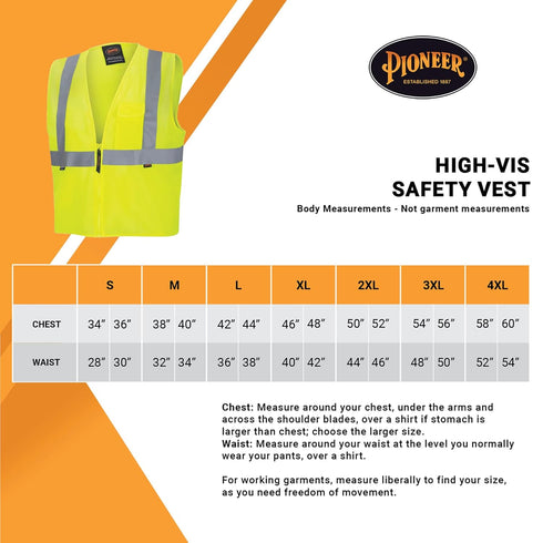Pioneer High Visibility Tricot Mesh Zip-Up Safety Vest Reflective Tape Yellow/Green Unisex 4XL