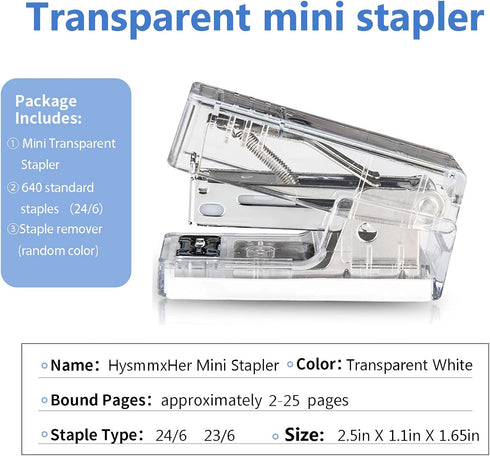 Mini Stapler with Staples, Small Transparent Stapler, 25 Sheet Capacity, Includes 640 Staples, Easy to Carry
