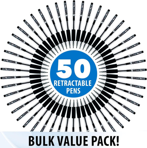 Inc. ClipClicks Retractable Ballpoint Pens, 50 Count, 1.0-mm Medium-Point Pen Set with Comfort Grip for School