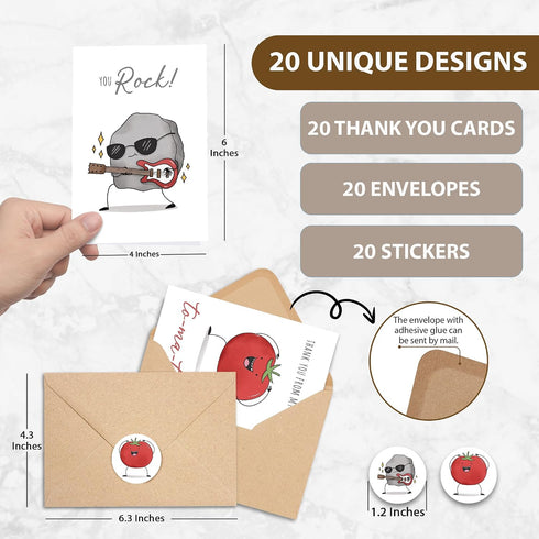Set 20 Premium Funny Thank You Cards, Teacher Appreciation Cards with Envelopes, Cute Thank You Notes for Kids Student