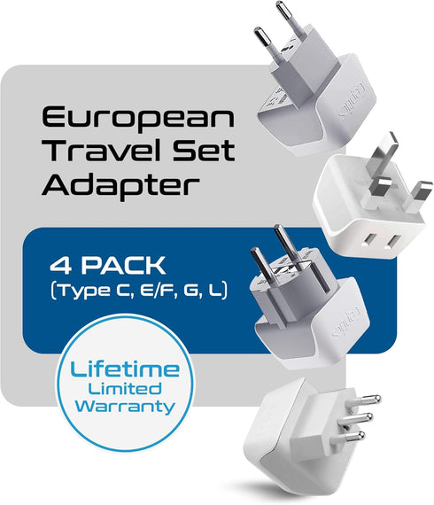 Ceptics European Plug Adapter 4 Pack Set - USA to Europe, Italy, Germany, England, Spain, Iceland, France (Type C, E/F,
