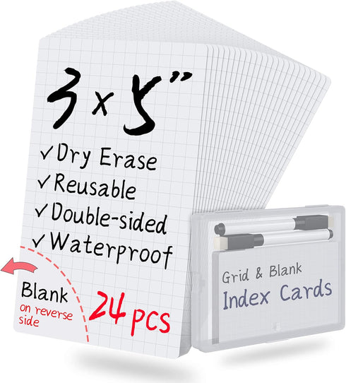 Blank Index Cards 3x5”| Dry Erase Flash Cards, 24 Packs Waterproof with Box| Reusable Flash Cards | Office & Teacher