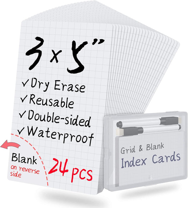 Blank Index Cards 3x5”| Dry Erase Flash Cards, 24 Packs Waterproof with Box| Reusable Flash Cards | Office & Teacher