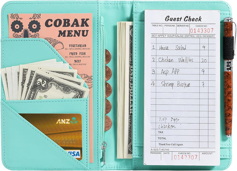 5 CoBak Server Book - Waitress Book Organizer with Zipper Pouch for Restaurant Waitstaff, Large Pockets with Pen