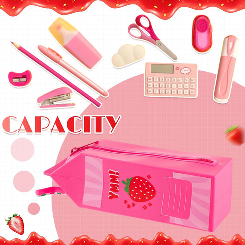 AmazingSpark Milk Carton Pencil Case Silicone Strawberry Graduation Pencil Pouch Waterproof Pen Bag Cute Standing
