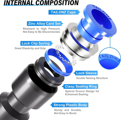 TAILONZ PNEUMATIC Blue Straight Reducing 1/2" Tube OD x 3/8" Tube OD Push to Connect Tube Fittings, Pack of 10