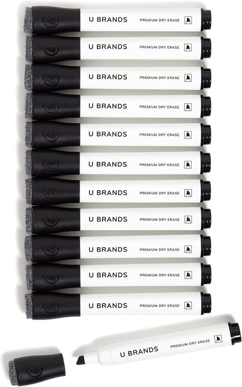 U Brands Set of 12 Fine Tip Dry Erase Markers with Eraser, Low Odor, Black, Chisel Tip Whiteboard Markers