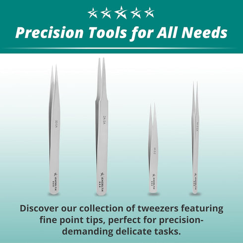 Excelta Ultra-Precision Tweezers, Professional Straight Tapered Flat Point, 4.75" Length, 0.059” Wide, Anti-Magnetic