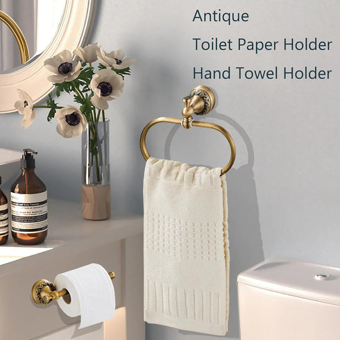 KOCRER 2 Brass Gold Toilet Paper Holder, Antique Hand Towel Ring Retro Hand Towel Holder Tissue Roll Paper Hanger Paper
