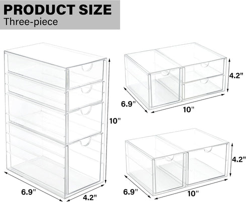 Prsildan Acrylic Drawer Makeup Organizer with 9 Drawers - Set of 3 Clear Stackable Storage Drawers for Vanity