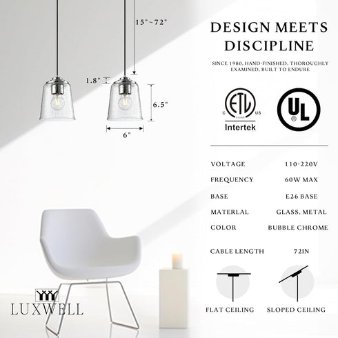 6"x6"x7.5" 15"-72" E26 Modern Bubble Glass Pendant Light, Rain-Drop Glass Hanging Fixture with Chrome Finish Base