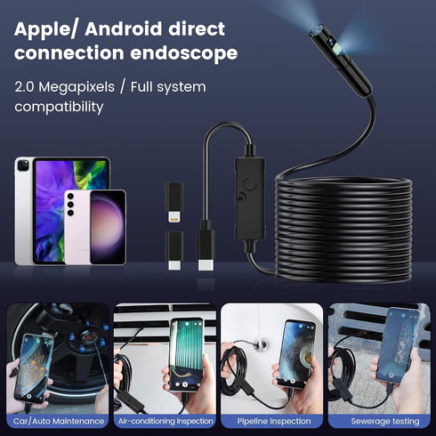 Endoscope Camera with Light, Dual Lens 1920P HD Borescope for iPhone or Android, Waterproof Inspection Camera