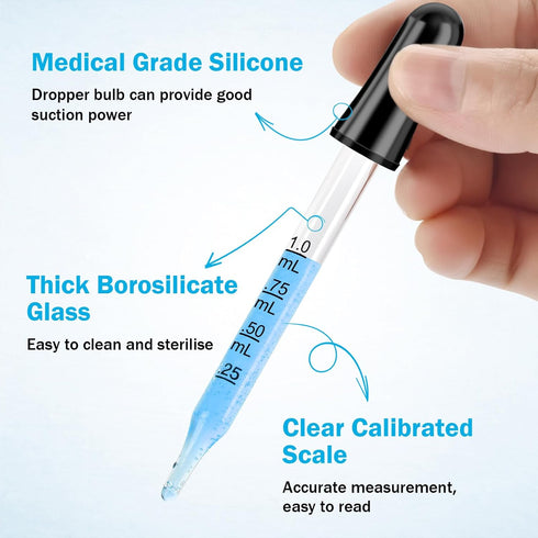 Herain 10 Pack Glass Medicine Droppers with Bent & Straight Tips, 1ml Pipettes for Essential Oils, Lab, Health Care