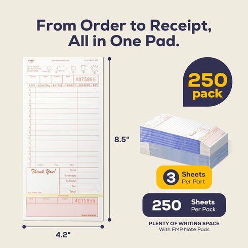 3 250 FMP Brands Part Carbonless Guest Checks Pads, Perforated Server Note Pads Paper Total sheets for Waitress Book